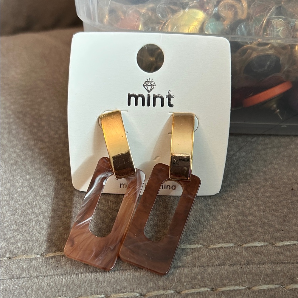 Mint Gold and Brown Rectangular Earrings
